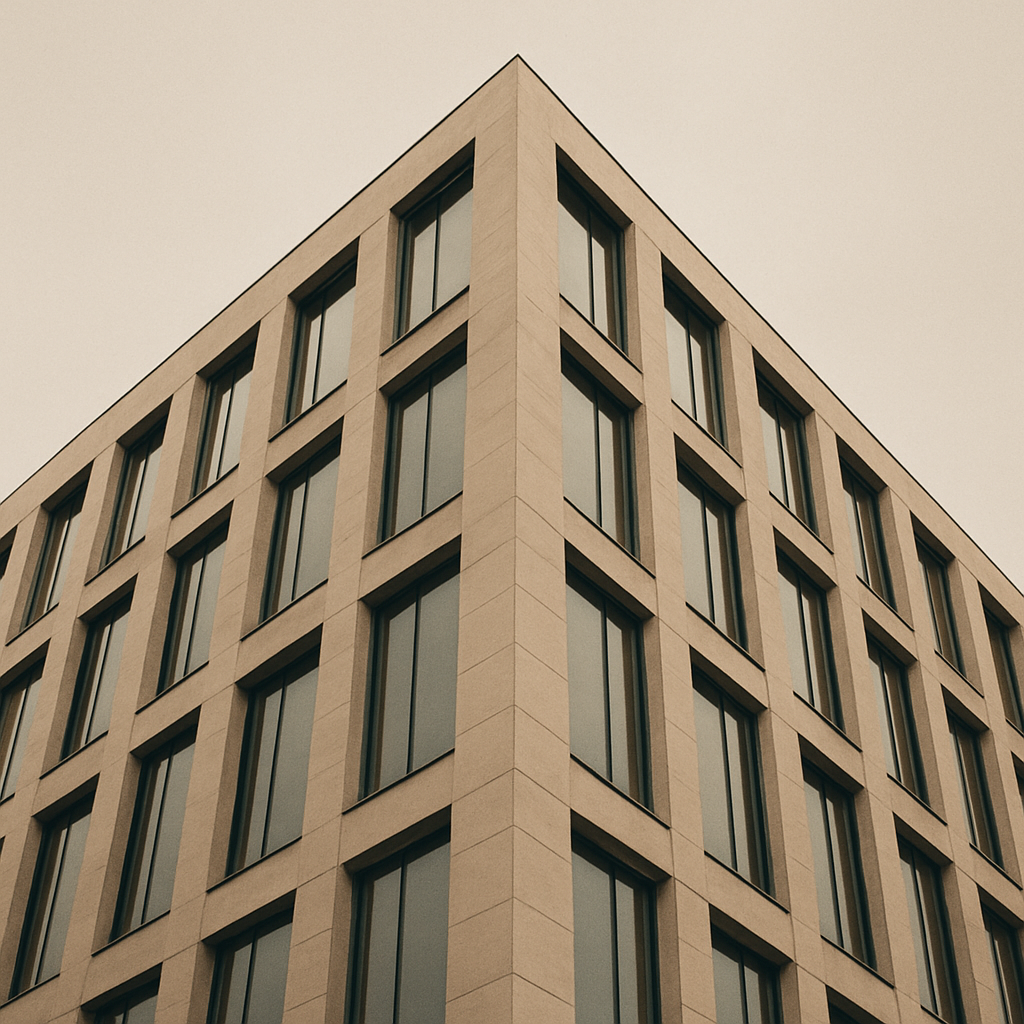 Moderne Bürofassade aus Naturstein und Glas